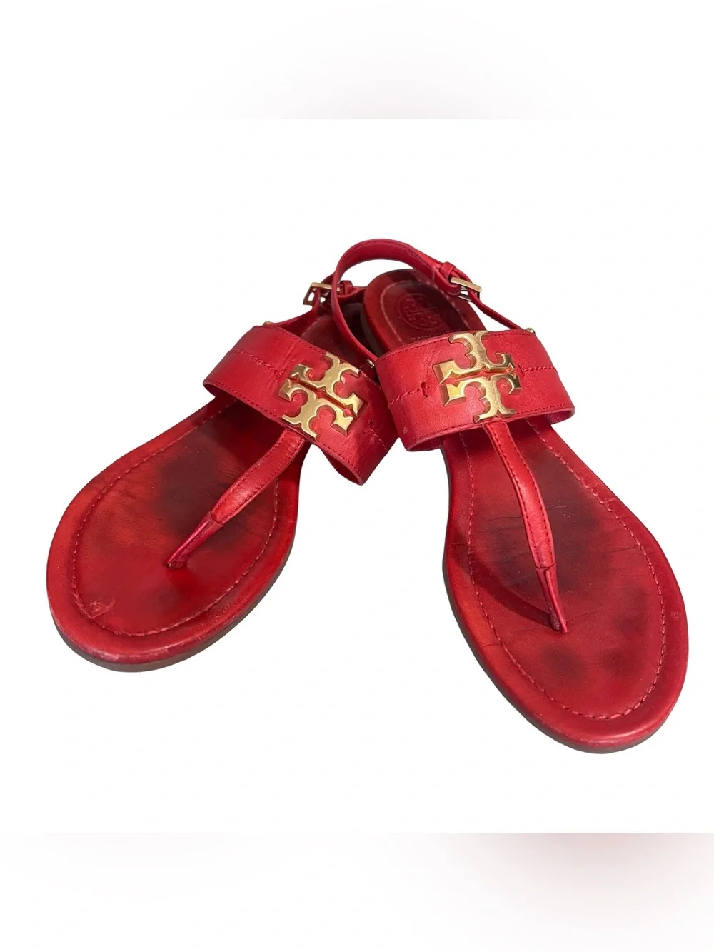 Tory Burch Women’s Sz 7.5 Red Leather Everly Sandals T-Strap Gold Logo